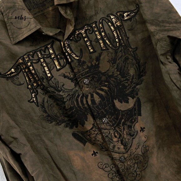 Affliction Y2K Embroidered Button Up Long Sleeve Tye Die Shirt Green Gold Men S - Picture 3 of 7